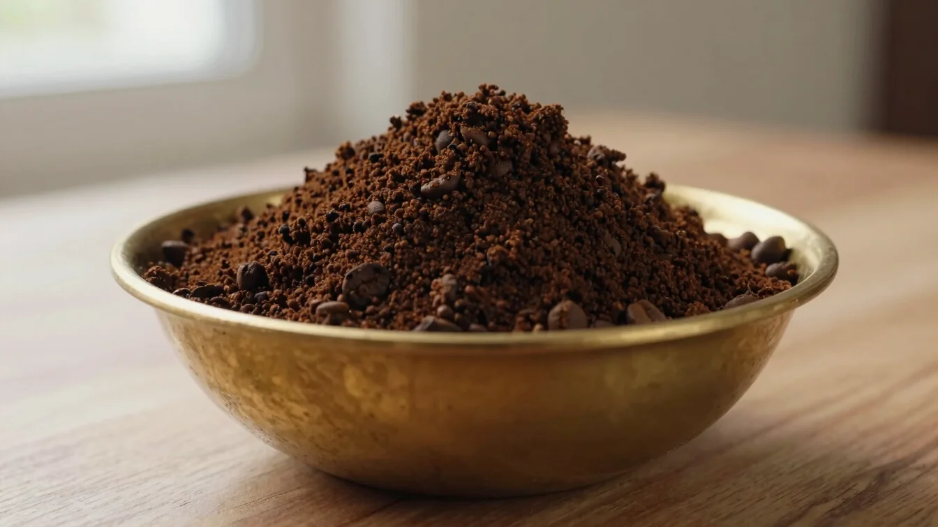 Close-up of dark roasted Arabic coffee grounds in a brass dallah-
