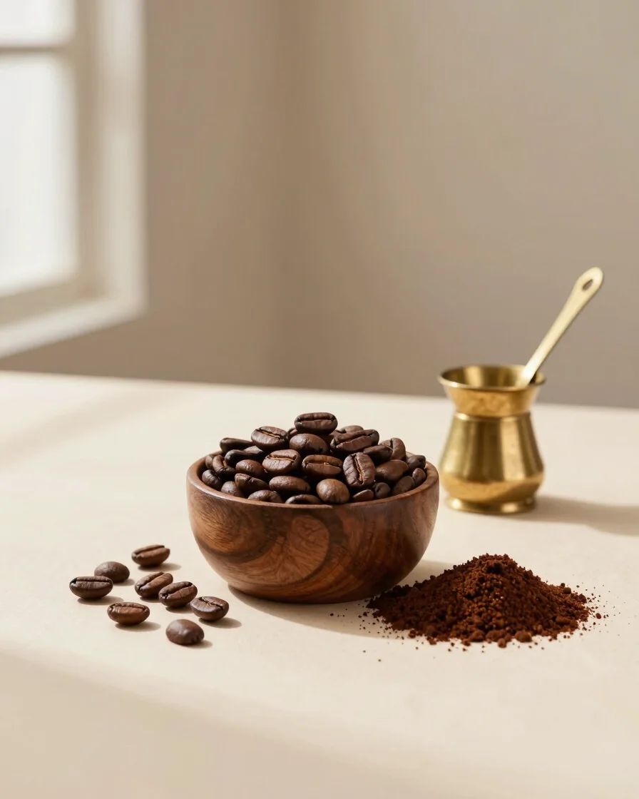Editorial product photograph of whole roasted coffee beans and gr