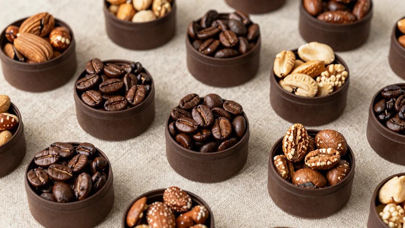 Overhead arrangement of roasted coffee beans and assorted nuts in