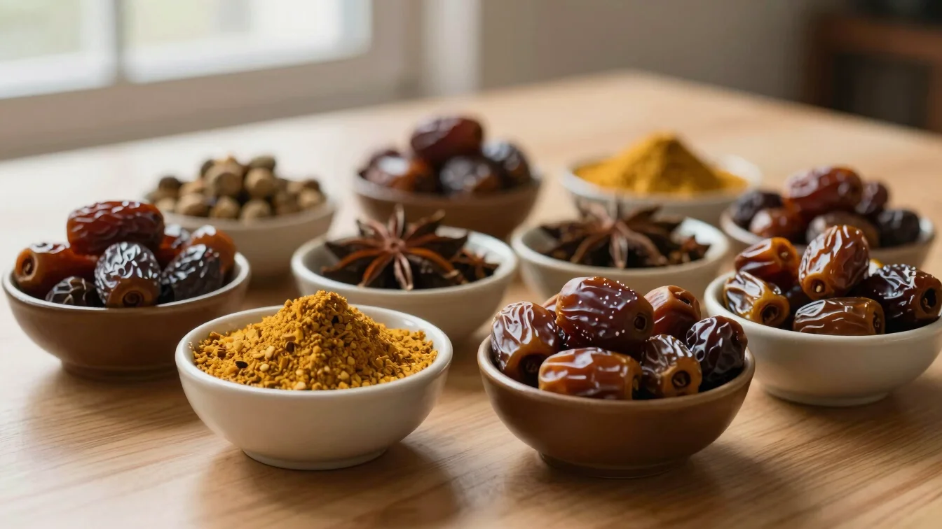 Close-up of mixed spices and dates in ceramic bowls on a light wo