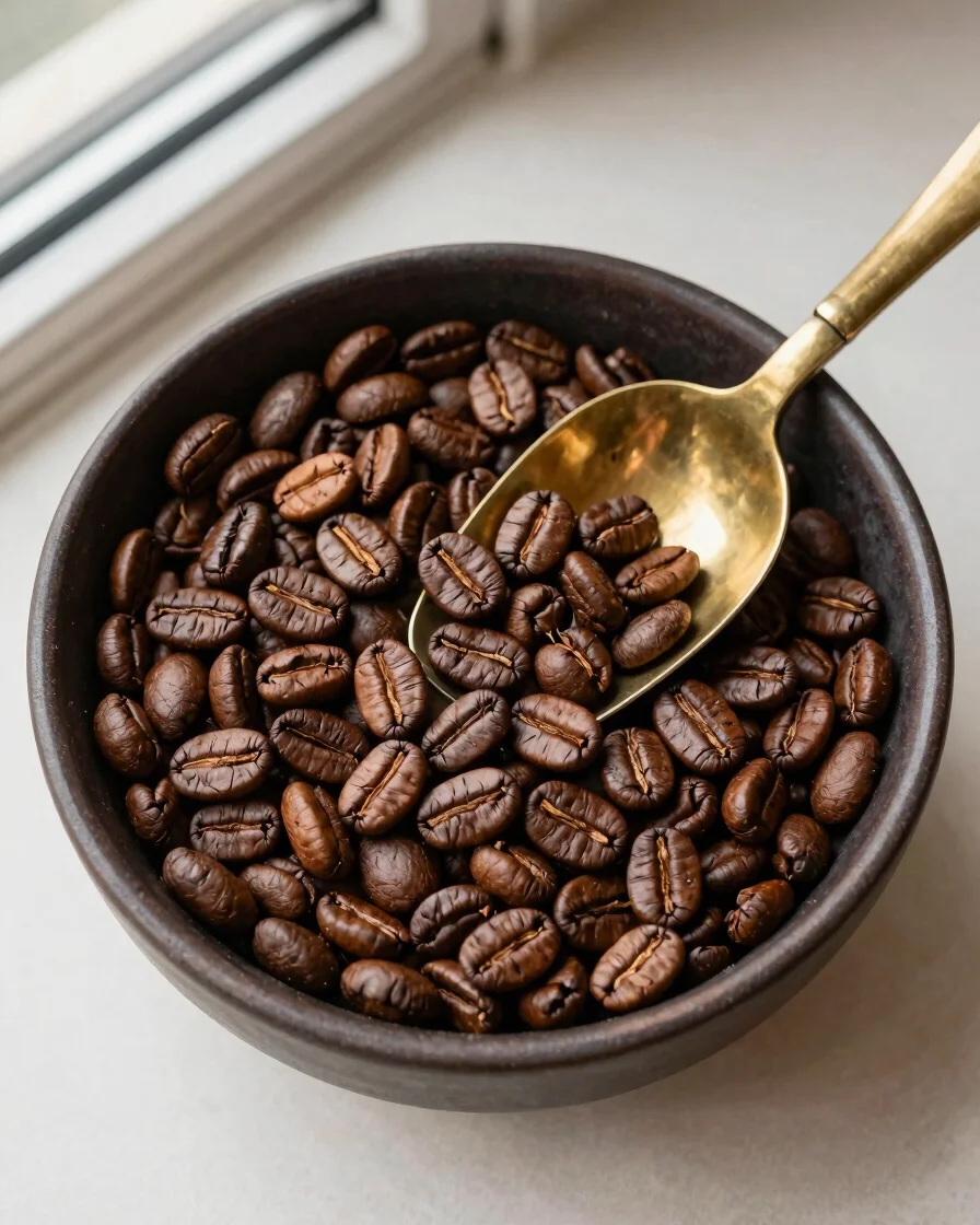 Overhead product photograph of roasted coffee beans in a dark bro