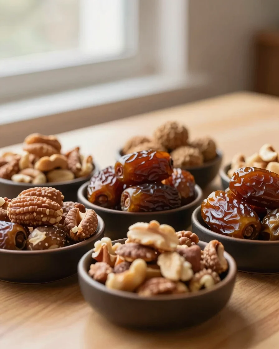 Close-up of assorted roasted nuts and dates in small dark brown b