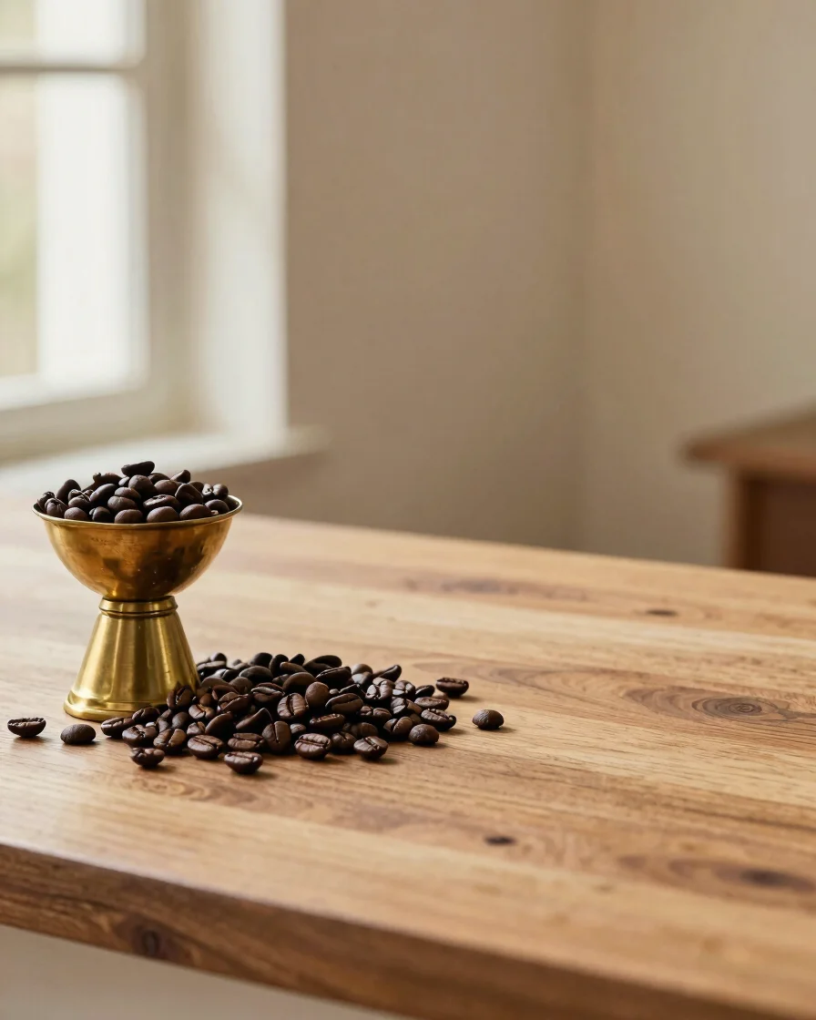 Editorial product photograph of a dark roasted coffee beans and a brass dallah on a warm wooden counter, soft window lig