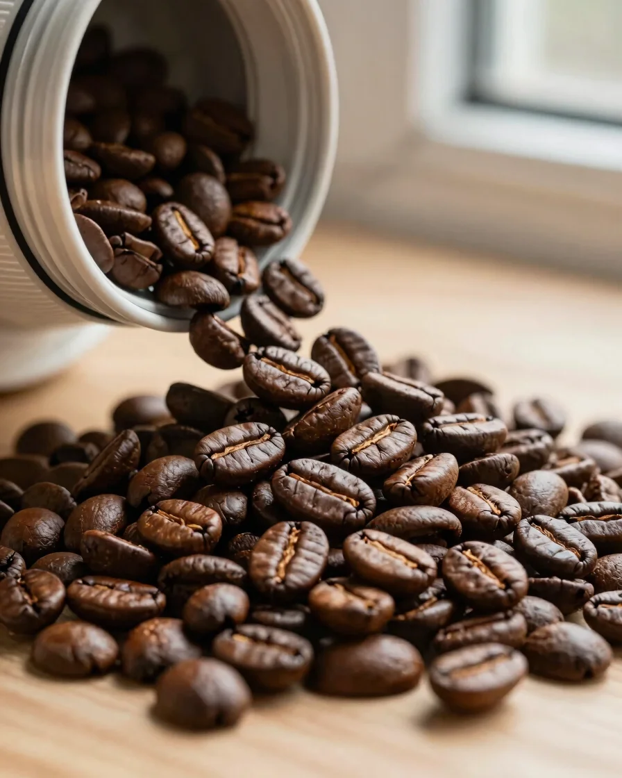 Realistic close-up of freshly roasted coffee beans being poured i