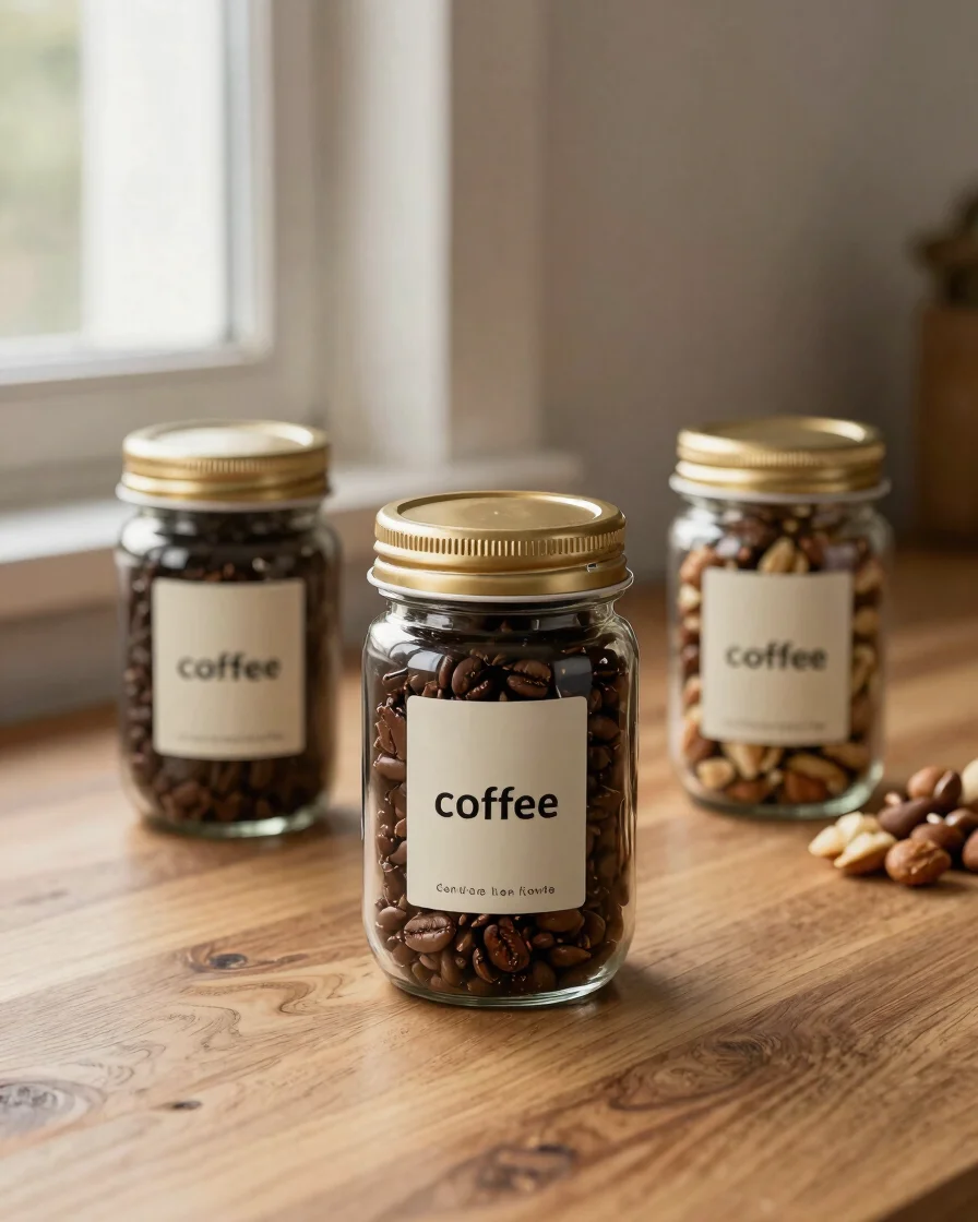 Editorial product photograph of sealed coffee and nut jars on war
