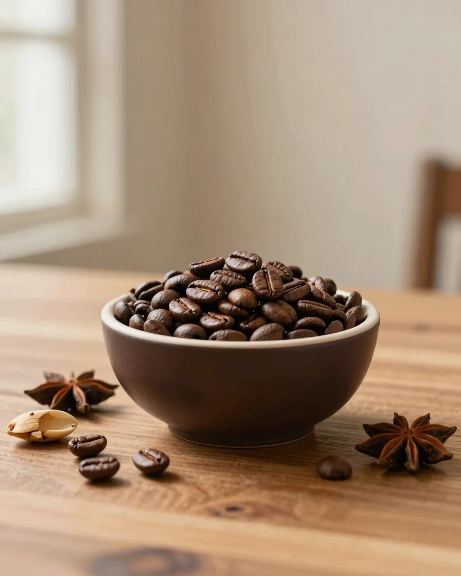 Wide editorial product photograph of roasted Arabic coffee beans